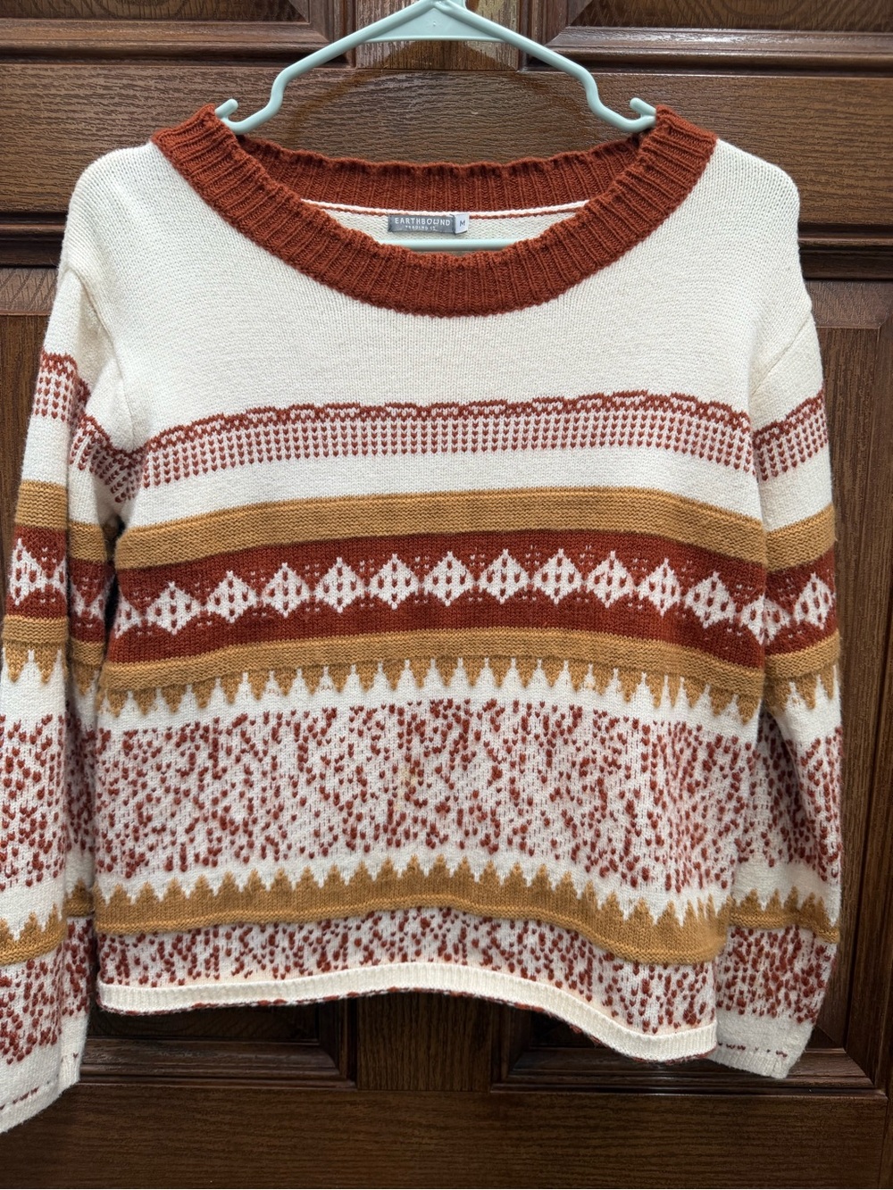EARTHBOUND Cream Crewneck Sweater with Rust & Mustard Fair Isle Pattern